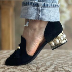 Jeffrey Campbell Black Flats with Gold and Pearl Heel